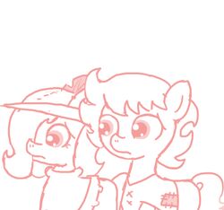  clothing duo earth_pony emerald_jewel_(colt_quest) equid equine fan_character feathers female feral ficficponyfic hasbro hat headgear headwear horse male mammal monochrome my_little_pony pink_and_white pony ruby_rouge_(colt_quest) simple_background white_background young young_feral 