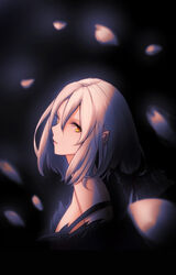  asil aug_(girls&#039;_frontline) black_background black_dress blurry blurry_background breasts chinese_commentary commentary_request dress expressionless female flower from_side girls&#039;_frontline hair_between_eyes hair_flower hair_ornament hair_ribbon head_tilt highres jacket long_hair looking_at_viewer orange_eyes parted_lips petals pink_lips ribbon sidelocks 