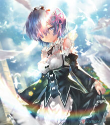  azomo bird blue_eyes blue_hair commentary detached_sleeves feathers female hair_ornament hair_over_one_eye highres light_rays light_smile maid photoshop_(medium) rainbow re:zero_kara_hajimeru_isekai_seikatsu rem_(re:zero) roswaal_mansion_maid_uniform short_hair solo white_feathers x_hair_ornament 