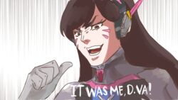  animal_ears bodysuit brown_eyes brown_hair commentary d.va_(overwatch) dio_brando facial_mark female headphones jojo_no_kimyou_na_bouken kono_dio_da_(meme) long_hair meme overwatch overwatch_1 parody rabbit_ears solo teeth too_bad!_it_was_just_me!_(meme) whisker_markings yun_(fyunz) 