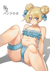  ass bad_id bad_pixiv_id bare_shoulders bikini blonde_hair blue_bikini blue_eyes commentary_request double_bun female hair_bun navel original sanonoreku_rlo sitting solo swimsuit 