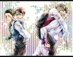  4boys aged_down bad_id bad_pixiv_id bandage_on_face bandages black_hair brothers carrying cheek_pinching daniel_j._d&#039;arby dual_persona facial_hair facial_mark hair_over_eyes headband jojo_no_kimyou_na_bouken lolicon male_focus manoko moustache multiple_boys necktie no_shoes piggyback pinching red_hair siblings smile socks stardust_crusaders striped striped_background tattoo terence_t._d&#039;arby vest 