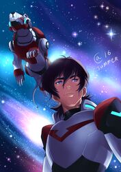  1boy aka-jishi armor autumn-sacura black_hair english_commentary from_below keith_(voltron) male_focus mecha purple_hair robot sky smile solo star_(sky) starry_sky upper_body voltron:_legendary_defender voltron_(series) 