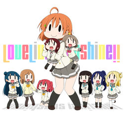  6+girls ahoge black_hair blonde_hair blue_hair blush_stickers braid brown_hair chibi clover_hair_ornament commentary_request crossed_arms hair_bun hair_ornament hair_ribbon hands_on_own_hips hug kunikida_hanamaru kurosawa_dia kurosawa_ruby love_live! love_live!_sunshine!! matsuura_kanan miyako_hito multiple_girls ohara_mari open_mouth orange_hair pantyhose photoshop_(medium) ponytail purple_hair red_hair ribbon sakurauchi_riko school_uniform serafuku single_hair_bun sleeves_past_wrists solid_oval_eyes takami_chika thighhighs tsushima_yoshiko twintails uranohoshi_school_uniform watanabe_you 