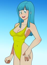  artist_request bare_shoulders blue_eyes blue_hair breasts curvy dragon_ball dragon_ball_z female female happy large_breasts long_hair looking_at_viewer maron_(dragon_ball) one-piece_swimsuit shiny shiny_skin smile standing swimsuit upper_body 