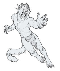  2016 action_pose angry anthro athletic athletic_anthro athletic_female biped bottomwear caraid charr claws clothing fangs felid female flat_chested guild_wars horn jumping line_art loincloth mammal monochrome multi_ear open_mouth pose raitlin simple_background solo teeth 