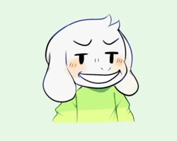  5:4 animated anthro asriel_dreemurr blush boss_monster_(undertale) bovid caprine clothed clothing conditional_dnp crybleat digital_media_(artwork) fur humor male mammal naughty_face portrait reaction_image smile solo undertale undertale_(series) what white_body white_fur 