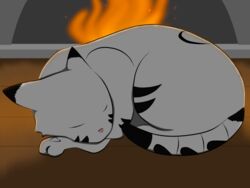  4:3 absurd_res b00falo curled_up digital_media_(artwork) felid feral fire fireplace full-length_portrait fur hi_res inside mammal nikku_corbin nude portrait side_view sleeping solo the_corbin_family white_body white_fur youtuber 