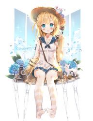  :o animal antique_phone b_rock bad_id bad_pixiv_id bag blonde_hair blue_eyes blue_neckerchief blue_skirt blush bow feline female flower hat hat_bow hat_flower highres hydrangea jacket kneehighs long_hair miniskirt neckerchief no_shoes original phone pleated_skirt rotary_phone sailor_collar shoulder_bag sitting skirt socks solo straw_hat striped_clothes striped_socks summer transparent transparent_umbrella umbrella water_drop 