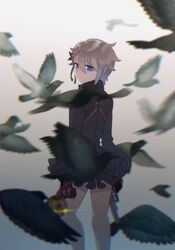  :/ ange_(princess_principal) bird black_shirt black_skirt blue_eyes blurry braid brown_hair cavorite_ball closed_mouth commentary depth_of_field female from_behind fur_collar gloves gradient_background gun hair_between_eyes handgun holding holding_gun holding_weapon looking_back luo. o-ring photoshop_(medium) princess_principal revolver shirt skirt solo standing trigger_discipline weapon 