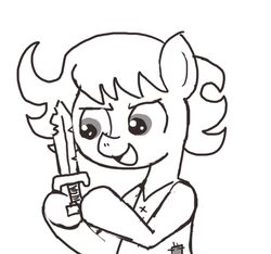  big_eyes clothed clothing earth_pony equid equine fan_character female feral ficficponyfic greyscale hasbro holding_object holding_weapon horse knife mammal monochrome my_little_pony open_mouth open_smile partially_colored pony ruby_rouge_(colt_quest) simple_background smile solo toony weapon white_background young young_feral 