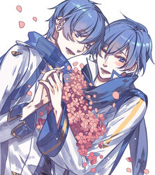  2boys ;) blue_eyes blue_hair blue_nails blush commentary_request eyebrows flower holding_hands kaito_(vocaloid) kaito_(vocaloid3) looking_to_the_side male_focus multiple_boys nail_polish one_eye_closed simple_background smile vocaloid white_background witchonly 