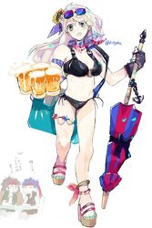  :d alcohol beer bikini black_bikini black_swimsuit blue_scarf chibi chibi_inset eyewear_on_head fingerless_gloves fire_emblem fire_emblem:_akatsuki_no_megami fire_emblem:_souen_no_kiseki fire_emblem_heroes gloves hair_ribbon half_updo high_heels ike kyouka_(exclamationmark) micaiah navel open_mouth ribbon scarf side-tie_bikini smile sunglasses swimsuit thigh_strap tibarn twitter_username umbrella yellow_eyes 