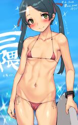  arm_at_side artist_name bikini black_hair blush bodyboard breasts closed_mouth collarbone commentary_request covered_nipples cowboy_shot dated female green_eyes hair_ribbon head_tilt heart holding imazon kantai_collection long_hair looking_at_viewer micro_bikini mikuma_(2016_swimsuit_mode)_(kancolle) mikuma_(kancolle) navel red_ribbon ribbon side-tie_bikini_bottom small_breasts smile solo sparkle standing stomach swimsuit translated twintails yellow_ribbon 