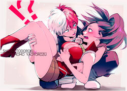  !? 1boy black_hair blue_eyes blush boku_no_hero_academia boots breasts burn_scar carrying center_opening character_name cleavage commentary_request female gradient_hair green_eyes heterochromia large_breasts looking_at_another multicolored_hair navel noppo open_mouth ponytail princess_carry red_footwear red_hair scar scar_on_face sideburns split-color_hair straight sweatdrop todoroki_shouto two-tone_hair wavy_mouth white_hair yaoyorozu_momo 