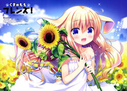  :d absurdres animal_ears blue_bow blue_eyes blue_sky blurry blurry_background blush bow breasts cloud cloudy_sky collarbone day dress dress_bow e_2 english_text eyes_visible_through_hair female flower frilled_dress frills garden hair_between_eyes hand_on_own_chest highres holding holding_flower light_brown_hair logo looking_at_viewer magazine_scan minibow oerba_yun_fang off_shoulder official_art open_mouth original outdoors pinky_out rabbit_ears rabbit_tail sasai_saji scan sky small_breasts smile solo sparkle sundress sunflower tail translation_request white_dress yellow_flower 