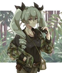  alpachiiino anchovy_(girls_und_panzer) bag belt belt_pouch binoculars black_ribbon black_shirt brown_belt brown_pants camouflage camouflage_jacket carrying closed_mouth commentary dappled_sunlight day drill_hair female girls_und_panzer green_hair hair_ribbon hand_in_pocket holding holding_binoculars jacket letterboxed long_hair long_sleeves open_clothes open_jacket outdoors pants pouch protected_link red_eyes ribbon satchel shirt smile solo standing sunlight twin_drills twintails upper_body 