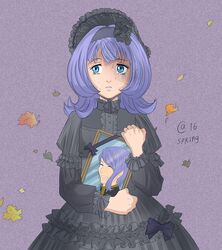  almiria_bauduin autumn-sacura black_dress blue_eyes bow crying dress english_commentary female frilled_dress frills gaelio_bauduin gothic_lolita gundam gundam_tekketsu_no_orphans hairband holding leaf lolita_fashion lolita_hairband photo_(object) purple_hair ribbon solo spoilers streaming_tears tears veil 