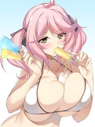  ahoge bad_id bad_twitter_id between_breasts bikini blush breasts female food food_in_mouth gradient_background holding large_breasts looking_at_viewer minamon_(vittel221) philuffy_aingram pink_hair popsicle saijaku_muhai_no_bahamut short_hair simple_background solo swimsuit twintails white_bikini yellow_eyes 