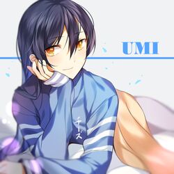  artist_name bad_id bad_pixiv_id bed_sheet black_hair blue_shirt character_name chi_zu_crazy female hair_between_eyes long_hair looking_at_viewer love_live! love_live!_school_idol_project lying on_stomach shirt smile solo sonoda_umi under_covers yellow_eyes 