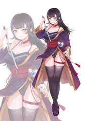  absurdres belt black_hair black_legwear breasts brown_eyes caravan_stories choker cleavage commentary_request female full_body groin highres holding holding_sword holding_weapon huge_breasts kyota07 long_hair looking_at_viewer misakura_julio potion red_choker sandals standing sword thigh_strap thighhighs vial weapon wide_sleeves zoom_layer 