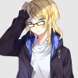  artist_name ayase_eli bad_id bad_pixiv_id black-framed_eyewear black_jacket blonde_hair blue_eyes chi_zu_crazy female glasses grey_background jacket long_hair love_live! love_live!_school_idol_project open_clothes open_jacket ponytail shirt simple_background solo swept_bangs upper_body white_shirt 