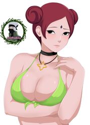  1girls arm_under_breasts big_breasts bikini black_eyes blush breasts choker cleavage double_bun facial_mark female female_only forehead_jewel forehead_mark fully_clothed green_bikini lipstick looking_at_viewer makeup naruto naruto_(series) naruto_shippuden necklace red_hair solo swimsuit tied_hair uliyalsa upper_body uzumaki_mito white_background 