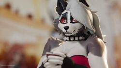  3d_(artwork) arm_tuft blurred_background canid canid_demon canine chest_tuft collar container cup demon digital_media_(artwork) female forced_smile hellaverse hellhound helluva_boss hi_res loona_(helluva_boss) mammal mythological_canine mythological_creature mythology shoulder_tuft solo solo_cup spiked_collar spikes tuft vinoveto watermark 