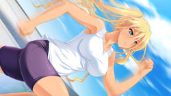  blonde_hair blue_eyes blush breasts cloud clouds female game_cg gokkun_athlete!_kyonyuu_medalist_no_oshaburi_kyouka_gasshuku large_breasts long_hair outdoors rena_route running sky solo sweat twintails 