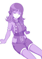  breasts commentary_request covered_navel female huyumitsu katori_squad&#039;s_uniform katori_youko large_breasts monochrome pantyhose parted_lips photoshop_(medium) purple_theme sitting solo world_trigger 