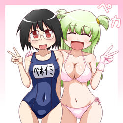  alternate_hairstyle behoimi bikini black_hair blonde_hair closed_eyes commentary_request female gloves goriate long_hair media_(pani_poni) one-piece_swimsuit pani_poni_dash! red_eyes school_swimsuit short_hair swimsuit twintails two_side_up v 