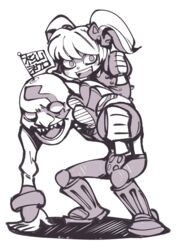  1boy albino bags_under_eyes bald chibi commentary_request couple effie_(street_fighter) female height_difference hounori monochrome necro_(street_fighter) no_pupils sitting_on_shoulder straight street_fighter street_fighter_iii_(series) tattoo thumbs_down twintails 