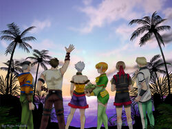  2girls 4boys back bad_id bad_pixiv_id bare_shoulders basket elf food fruit gensou_suikoden gensou_suikoden_iv headband jewel_(suikoden) keneth_(suikoden) lazlo_(suikoden) multiple_boys multiple_girls ocean orange_hair outdoors palm_tree paula_(suikoden) pointy_ears ryu_mizuki short_hair shorts snowe_vingerhut sunset tal_(suikoden) thighhighs tree white_hair 