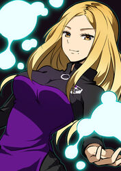  blonde_hair bodysuit commentary_request female huyumitsu kako_nozomi kako_squad&#039;s_uniform long_hair looking_at_viewer mole mole_under_mouth photoshop_(medium) smile solo world_trigger yellow_eyes 