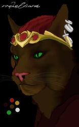  crown ear_piercing felid green_eyes hair headgear hi_res jewelry khajiit mammal microsoft piercing pink_nose red_hair roguelizard scar simple_background solo the_elder_scrolls zojarr 