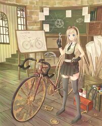  bad_id bad_perspective bad_pixiv_id bare_shoulders bicycle black_gloves black_necktie black_skirt blonde_hair blue_eyes blueprint_(object) book bookshelf box brick_wall chains chalkboard closed_mouth corset drawer easel female gears gloves goggles goggles_on_head grey_thighhighs hand_on_own_hip indoors legs_apart long_hair looking_at_viewer miniskirt mokona1107 necktie original paper paper_roll room ruler shirt short_necktie skirt sleeveless sleeveless_shirt smile solo stairs standing steampunk stool striped suspenders thighhighs toolbox treasure_chest very_long_hair white_shirt window wooden_box wooden_floor wrench zettai_ryouiki 