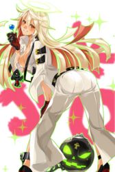  ahoge ankh arc_system_works artist_request ass ball_and_chain ball_and_chain_restraint belt blonde_hair blush bodysuit breasts candy cross_necklace female gloves grin guilty_gear guilty_gear_xrd guilty_gear_xrd:_revelator halo jack-o_(guilty_gear) jack-o_valentine jewelry leaning leaning_forward lollipop long_hair looking_at_viewer multicolored_hair orange_eyes orange_hair shiny shiny_clothes shiny_hair shiny_skin smile solo very_long_hair 