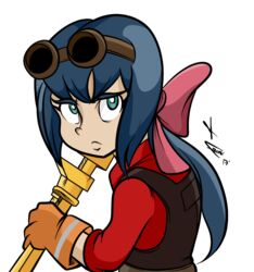  blue_hair commentary constanze_amalie_von_braunschbank-albrechtsberger cosplay engineer_(tf2) engineer_(tf2)_(cosplay) english_commentary female frank_araya gloves goggles golden_wrench green_eyes hairband holding holding_weapon holding_wrench little_witch_academia long_hair overalls red_engineer_(tf2) red_engineer_(tf2)_(cosplay) red_shirt shirt team_fortress_2 weapon wrench 