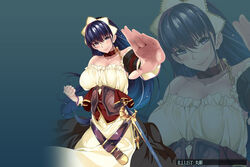  apron bare_shoulders belt blue_eyes blue_hair blush breasts cleavage collar corset dmm dress female key keyring keys large_breasts long_hair looking_at_viewer maid_headdress simple_background smile solo standing sword weapon 