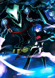  armband blue_eyes blue_hair chains digital_media_player headphones kugukiugu male_focus persona persona_3 school_uniform solo thanatos yuuki_makoto 