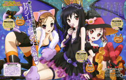  3girls :3 :d absurdres accel_world animal_ears animal_hands bell belt black_hair blue_legwear boots bow breasts bridal_garter broom brown_eyes brown_hair cat_ears cat_paws cat_tail cleavage demon_wings dress elbow_gloves fake_animal_ears fake_horns frills gloves hairband halloween happy_halloween hat highres horns knee_boots kneehighs kouzuki_yuniko kurashima_chiyuri kuroyukihime leotard lolita_hairband medium_breasts multiple_girls oerba_yun_fang official_art open_mouth orange_gloves orange_legwear red_eyes red_hair red_legwear ribbon sawada_mika scan skirt small_breasts smile socks striped_clothes striped_thighhighs tail tail_bell tail_bow tail_ornament tail_ribbon thigh_boots thighhighs wings witch_hat 