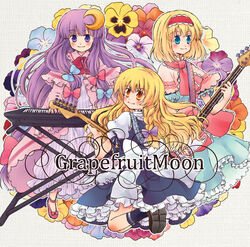  3girls alice_margatroid blue_flower commentary_request crescent crescent_hair_ornament flower guitar hair_ornament instrument keyboard_(instrument) kirisame_marisa long_hair multiple_girls orange_flower orange_pansy pansy patchouli_knowledge pink_flower purple_flower red_flower siva touhou violet_(flower) yellow_flower yellow_pansy 