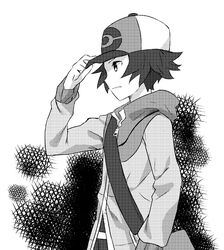  1boy comicstudio greyscale hat hilbert_(pokemon) jacket male_focus monochrome pokemon pokemon_bw simple_background solo weee_(raemz) white_background 