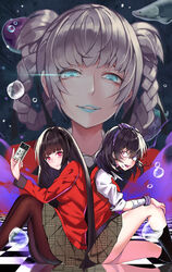  3girls air_bubble aqua_eyes aqua_lips ass back-to-back bad_id bad_pixiv_id bandaged_arm bandages black_hair black_legwear blazer blunt_bangs braid braided_hair_rings bright_pupils bubble checkered_floor cheek_piercing ear_piercing eyepatch fish from_side grey_hair hair_rings hairband highres houndstooth hyakkaou_academy_school_uniform ikishima_midari jabami_yumeko jacket kakegurui lipstick long_hair looking_at_viewer makeup miniskirt momobami_kirari multiple_girls on_floor open_mouth orange_eyes pantyhose parted_lips photoshop_(medium) piercing pink_eyes pink_lips pleated_skirt purple_lips school_uniform sidelocks sitting skirt sleeves_rolled_up smile straight_hair suou-sensei twin_braids unmoving_pattern very_long_hair vest white_pupils 