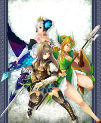  3girls alicia_(valkyrie_profile_2) blonde_hair blue_eyes boots brown_hair commentary_request crossover crown dress gwendolyn_(odin_sphere) hairband helmet long_hair low-tied_long_hair multiple_girls odin_sphere overskirt palch_(hugo) photoshop_(medium) polearm princess puffy_sleeves riesz seiken_densetsu seiken_densetsu_3 skirt spear strapless strapless_dress sword thigh_boots thighhighs valkyrie valkyrie_profile_(series) valkyrie_profile_2:_silmeria weapon white_hair winged_helmet zettai_ryouiki 