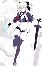  absurdres artoria_pendragon_(alter_swimsuit_rider)_(fate) artoria_pendragon_(fate) bikini bikini_under_clothes blonde_hair breasts choker collarbone commentary_request cosplay crop_top fate/grand_order fate_(series) female fingerless_gloves food gloves groin hair_ribbon halcon highres jacket medium_breasts midriff navel ponytail popsicle ribbon saber_(fate) saber_(fate)_(cosplay) saber_(type-moon_racing)_(fate) saber_(type-moon_racing)_(fate)_(cosplay) self_cosplay short_hair sideboob smile solo standing swimsuit sword thighhighs weapon yellow_eyes zoom_layer 