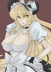  areola_slip bad_id bad_pixiv_id blonde_hair bonnet braid breasts cleavage commentary_request covered_nipples dtcy female gloves highres invincible_marisa kirisame_marisa large_breasts long_hair new_super_marisa_land solo touhou yellow_eyes 