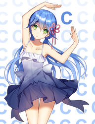  :o absurdres bison_cangshu blue_hair body_writing camisole chinese_commentary commentary_request cowboy_shot female flower_knot green_eyes hair_ribbon highres letter_pose long_hair looking_at_viewer low_twintails original ribbon single_letter skirt solo spaghetti_strap text_background thigh_gap twintails very_long_hair 