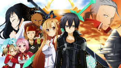  4boys 4girls agil aincrad asuna_(sao) blush breasts colorized commentary_request dragon everyone goma_azarasi heathcliff_(sao) highres kirito klein_(sao) large_breasts lisbeth_(sao) looking_at_viewer md5_mismatch multiple_boys multiple_girls one_eye_closed open_mouth pina_(sao) ruka0811r silica smile sword sword_art_online weapon yui_(sao) 