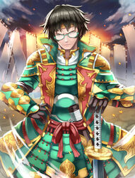  1boy aqua_armor armor bad_id bad_pixiv_id banner black_hair embers flag frown gauntlets glasses green-framed_eyewear green_armor hand_on_hilt hand_on_own_hip haruken japanese_armor japanese_clothes jinbaori katana kusazuri looking_at_viewer male_focus nobori original pauldrons samurai sengoku_taisen sheath shoulder_armor solo sword unsheathing vambraces weapon 